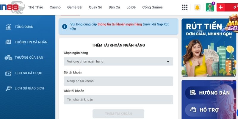 Đặt lại mật khẩu nạp rút tiền SIN88 khác