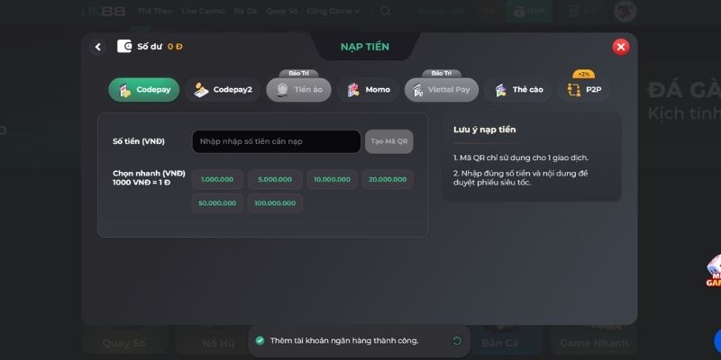 Điền số tiền muốn nạp - rút